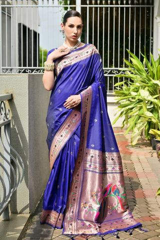 Vishnu Weaves Women's Royal Paithani Silk Zari Woven Saree with Blouse