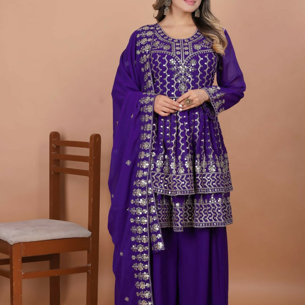 Teeya Creation Purple Color Faux Georgette Embroidery Work Wedding Wear Palazzo Set - Distacart