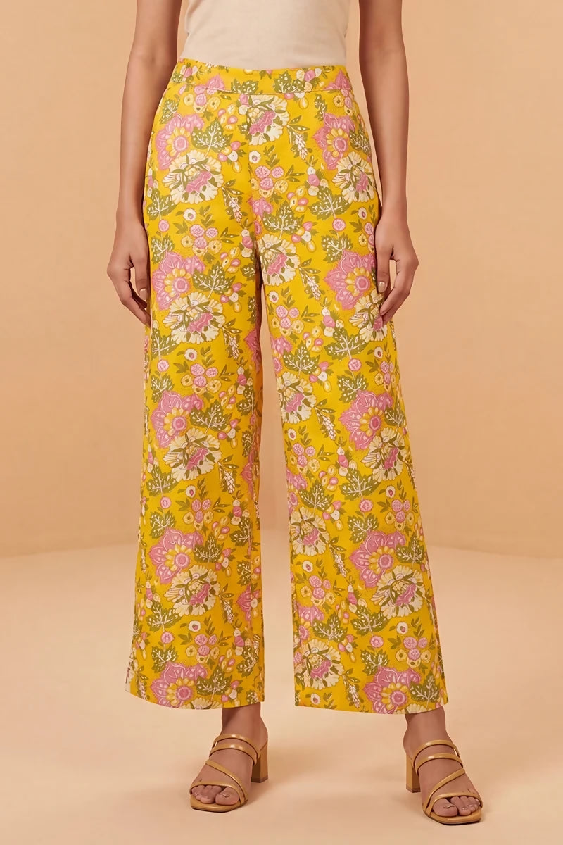 Vivaanta Fashion Yellow Rayon Floral Printed Regular Trouser WBOT1622 - Dista
