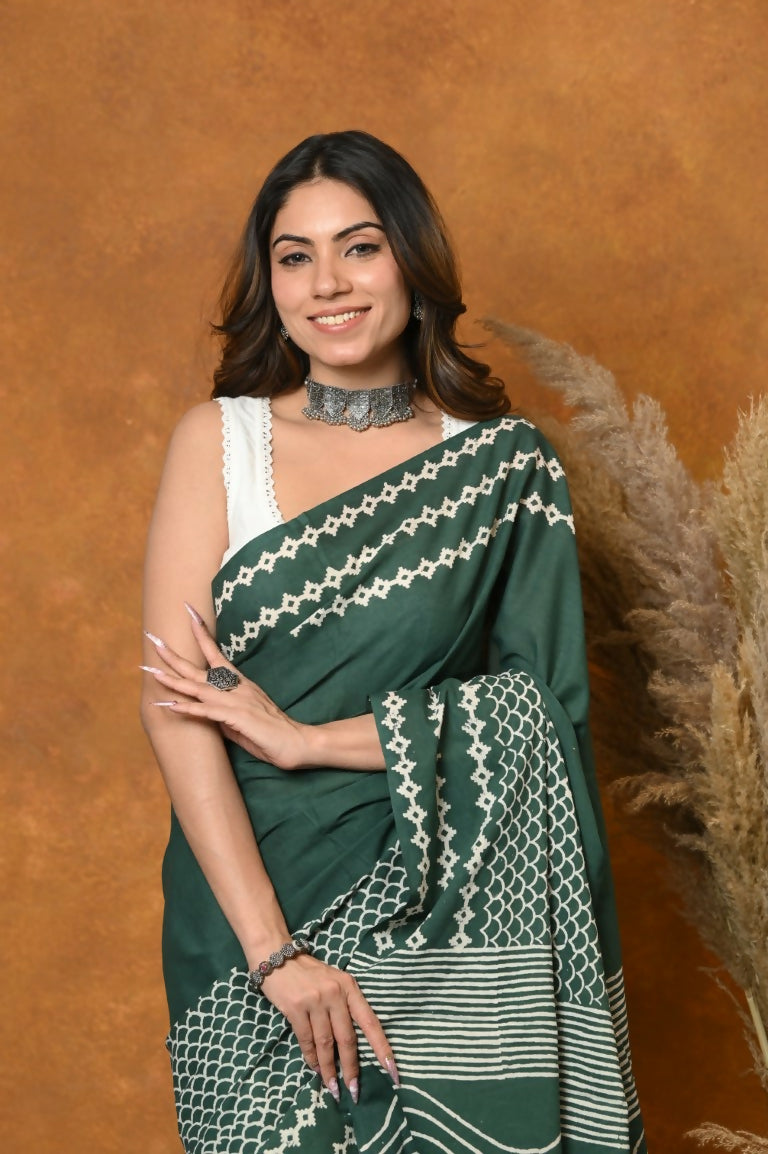 Very Much Indian Handblock Printed Cotton Saree With Natural Dyes - Leaf Green - Distacart