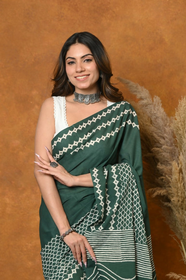 Very Much Indian Handblock Printed Cotton Saree With Natural Dyes - Leaf Green - Distacart