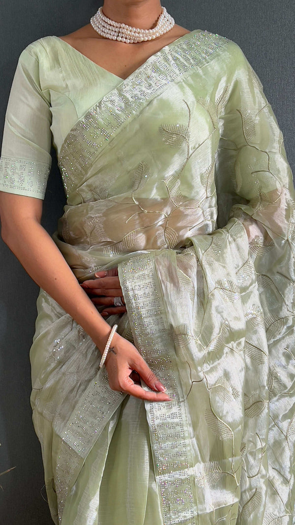 Preksha Creation Women Ready To Wear Saree Premium Burberry Silk Embellished With Beautiful Thread Work - Pista - Distacart