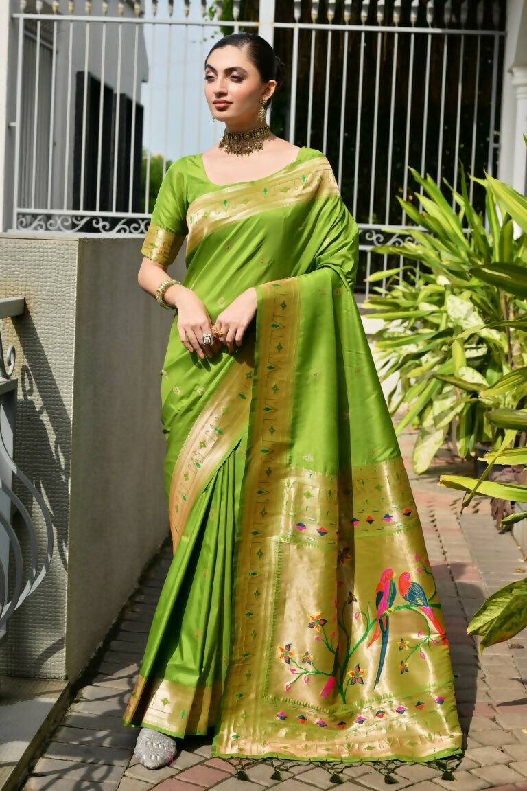 Vishnu Weaves Women's Mahendi Paithani Silk Zari Woven Saree with Blouse