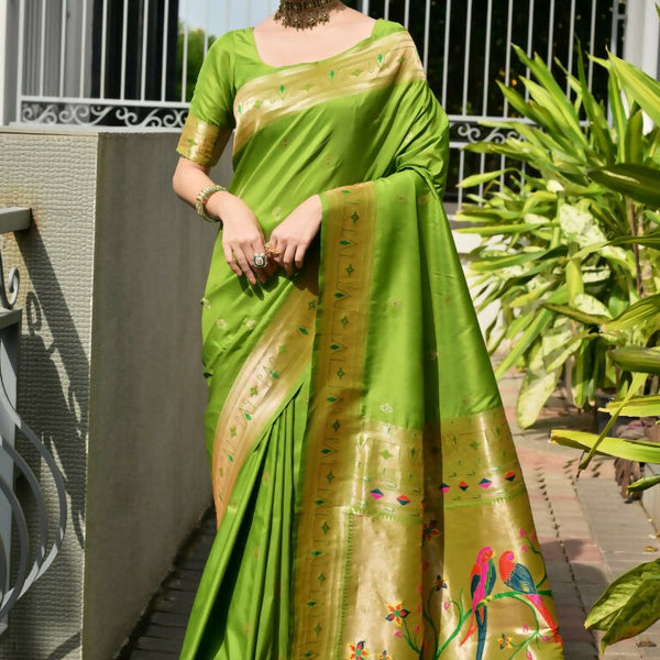 Vishnu Weaves Women's Mahendi Paithani Silk Zari Woven Saree with Blouse