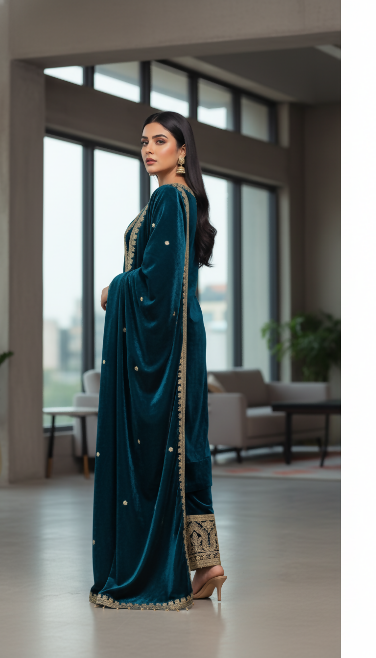 Joban Fashion Teal Kurta Set Velvet Embroidery Sequence Work - Distacart