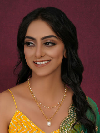 Layered Pearl and Gold Neckpiece with Emeralds (Gold) - Ruby Raang - Distacart