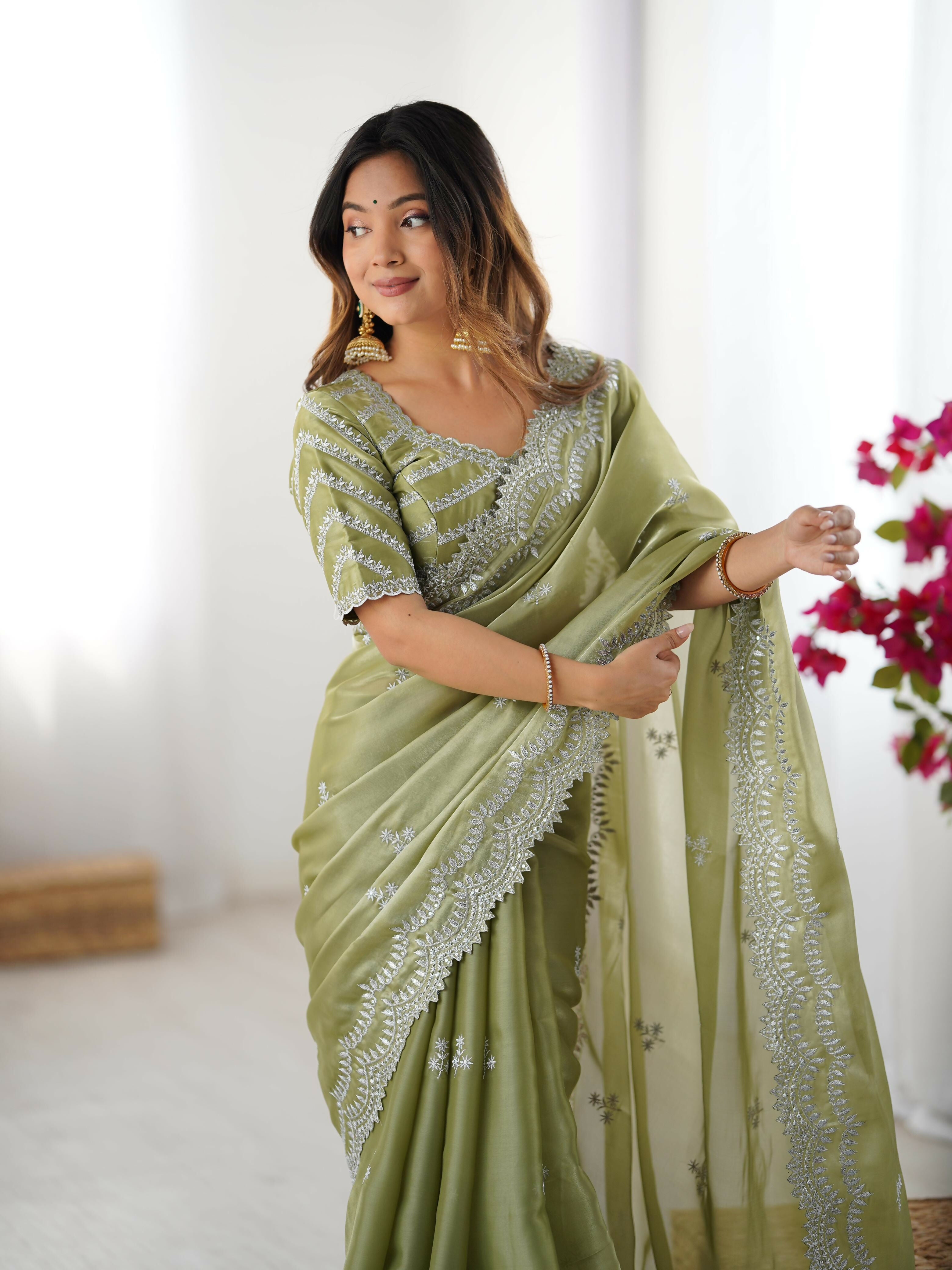 Joban Fashion Light Green Jimmy Choo Saree With Thread with Sequins work