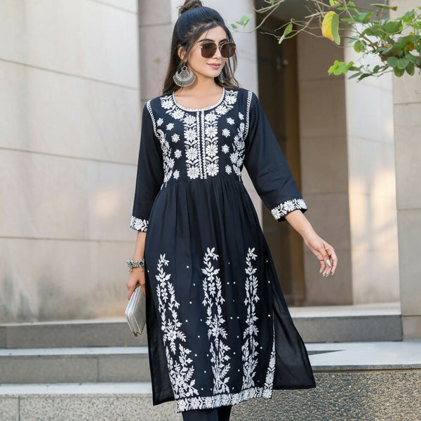 BulBul Arushi Black Rayon Kurta Set with Lucknowi Work