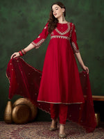 Thumbnail for Sangria Round Neck Floral Zari Embroidered Straight Kurta with Trouser and Dupatta