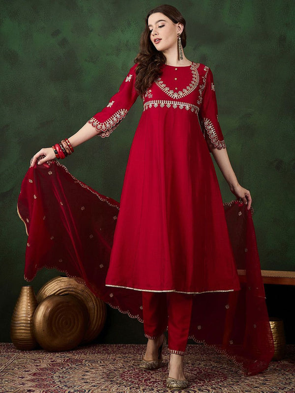 Sangria Round Neck Floral Zari Embroidered Straight Kurta with Trouser and Dupatta