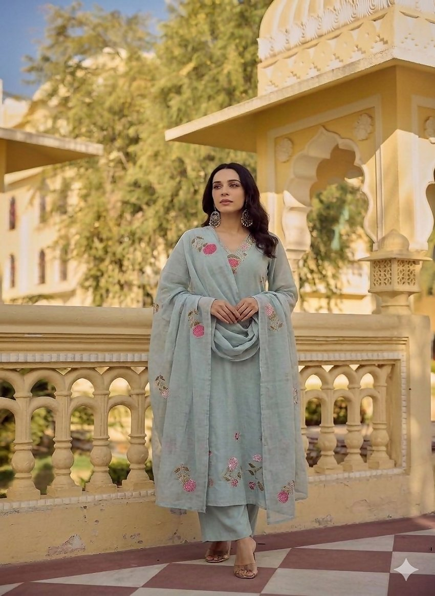 Teeya Creation Elegant Pastel Grey-Green Embroidered Straight Suit Set With Dupatta For Festivals Weddings - Dista