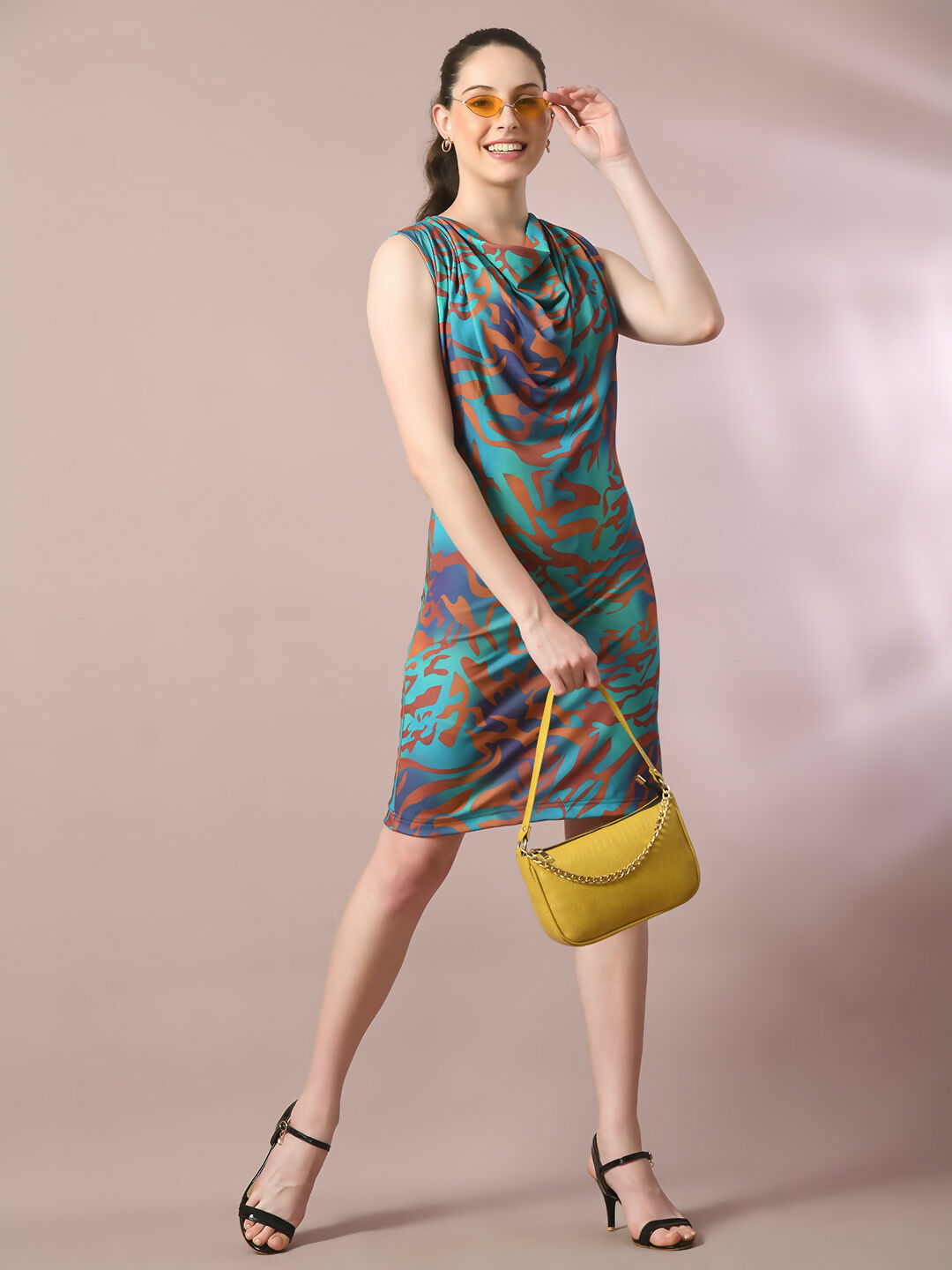 Myshka Women's Multi Printed Cowl Neck Bodycon Party Dress - Distacart