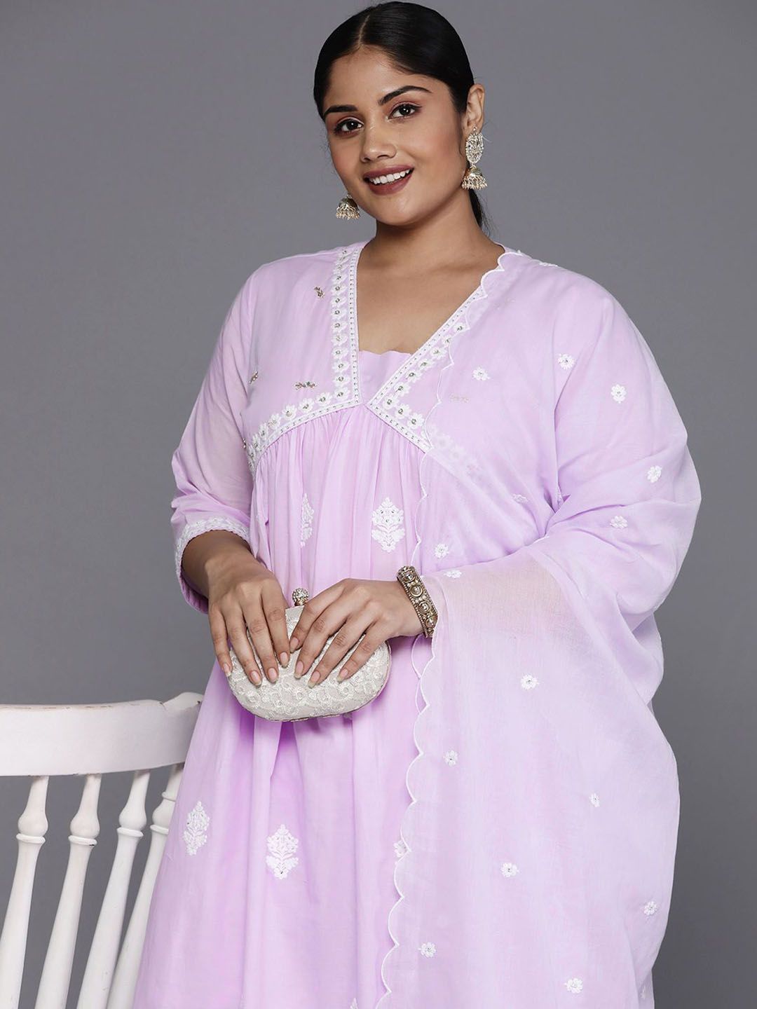Sztori Plus Size Floral Embroidered Pure Cotton Anarkali Kurta & Trousers With Dupatta - Distacart