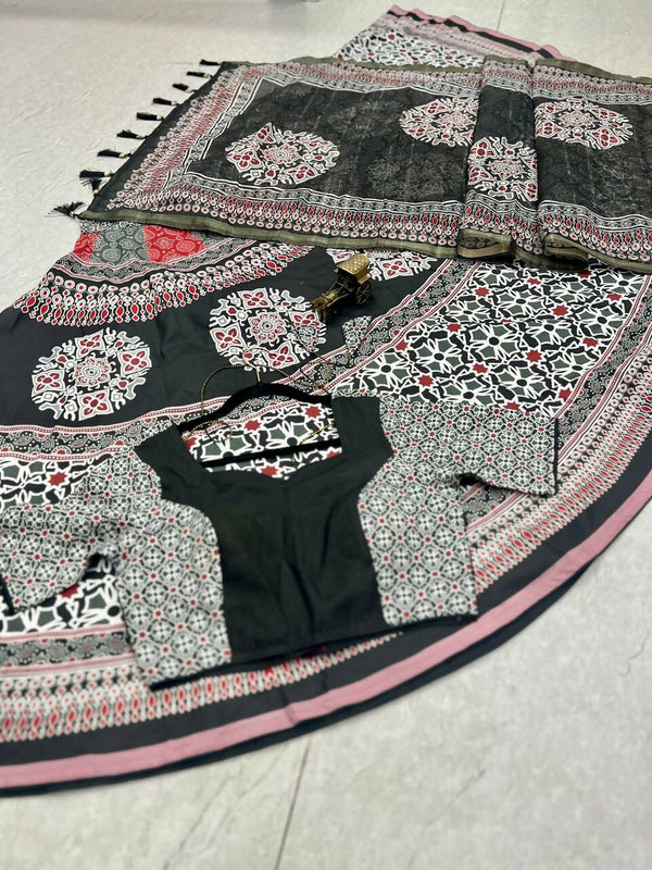 Preksha Creation Indian Navratri Special Cotton Women Lehenga Choli With print work and lucknowi print dupatta - Black - Distacart