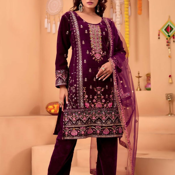 Teeya Creation Purple Color Velvet Embroidery Work Wedding Wear Salwar Suit