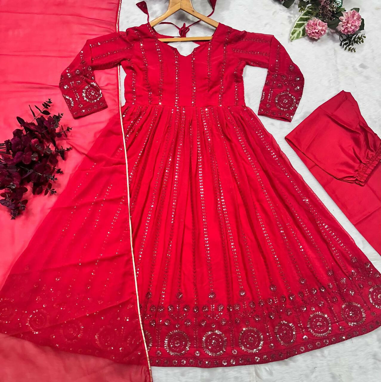 Preksha Creation Red Festival Special Indian Designer Red Embroidered Anarkali Suit with Dupatta