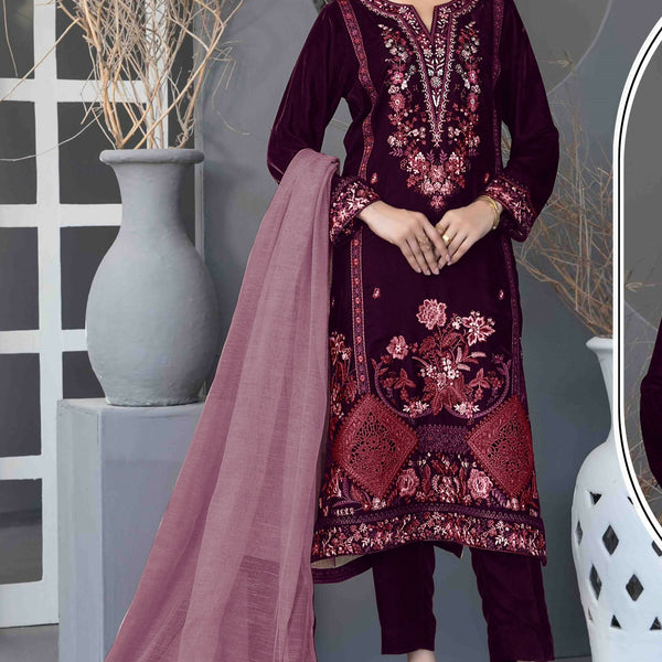 Anaita Purple Velvet Suit with Embroidery Sequence Work