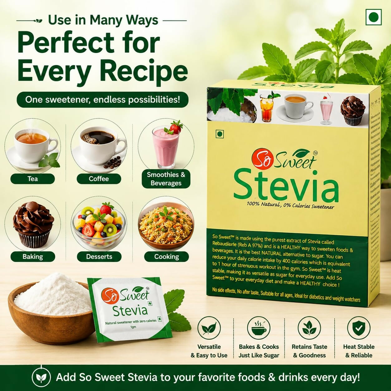 So Sweet Stevia Sachets -50 Sugar Free Natural Sweetener - Dista