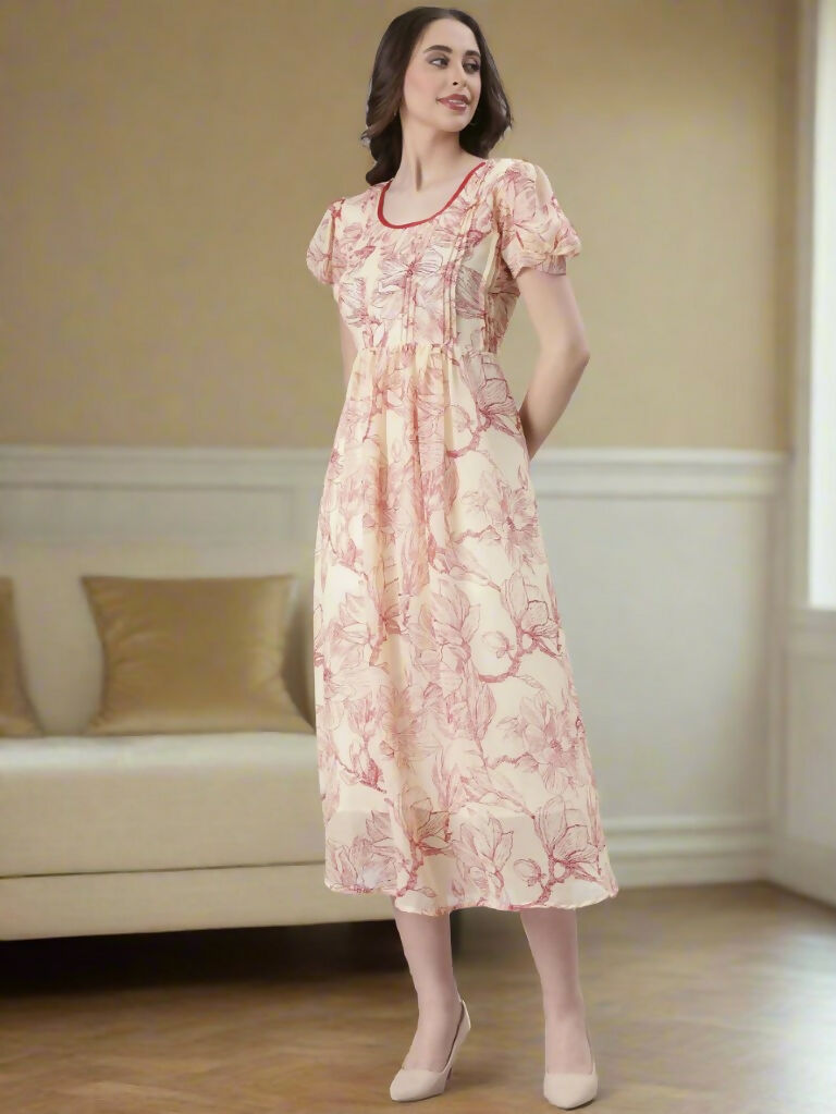Souchii Cream & Red Floral Printed Fit & Flare Dress