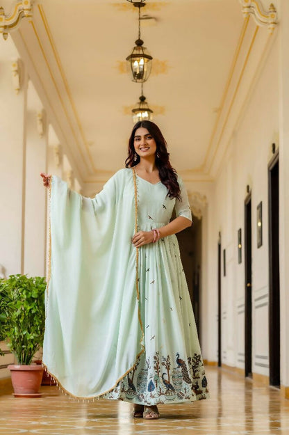 Teeya Creation Mint Green Chinnon Heavy Work Long Wedding Gown - Distacart