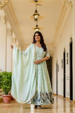 Thumbnail for Teeya Creation Mint Green Chinnon Heavy Work Long Wedding Gown - Distacart