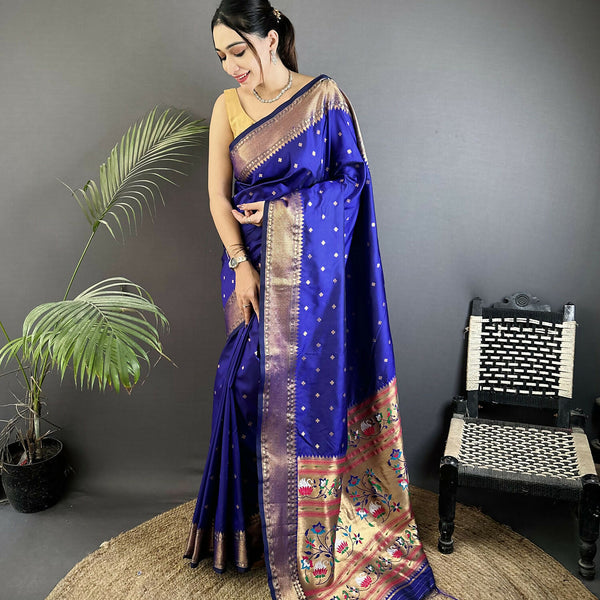 Joban Fashion Royal Blue Butti Woven Soft Lichi Silk Paithani Saree - Distacart