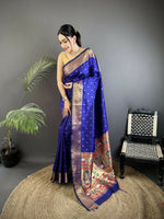 Thumbnail for Joban Fashion Royal Blue Butti Woven Soft Lichi Silk Paithani Saree - Distacart