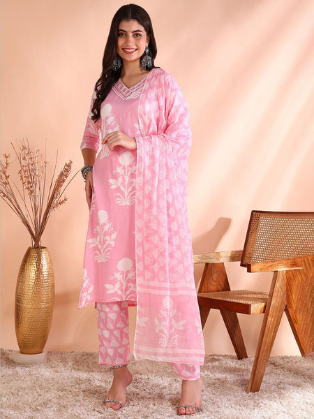Ode by House of Pataudi Printed Thread Work Pure Cotton Kurta With Trousers & Dupatta - Distacart