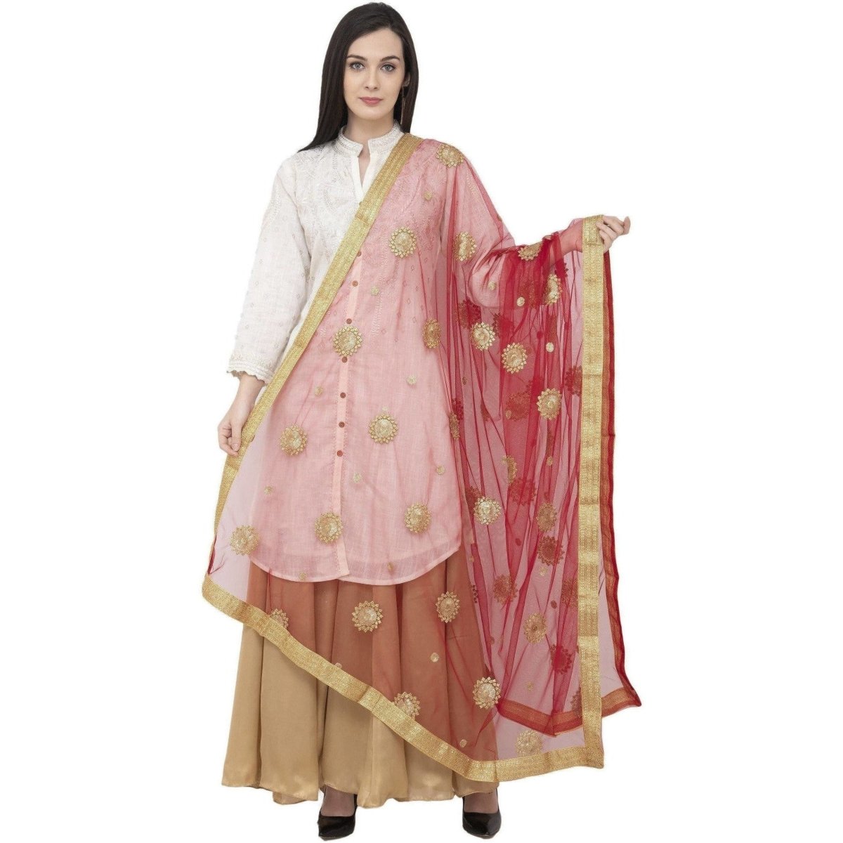 A R SILK Net Zari Flower Fancy Dupatta Mehroon Color Dupatta or Chunni