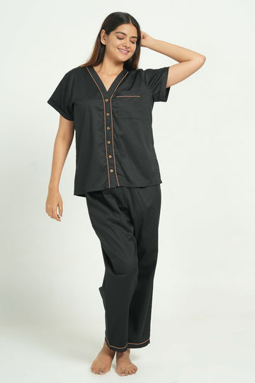 Breathables Women Cotton Night Suit Shirt And Pants Co-Ord Set I Night Wear | Co-Ord Set | Lounge Wear Set I Solid Colour - Dista
