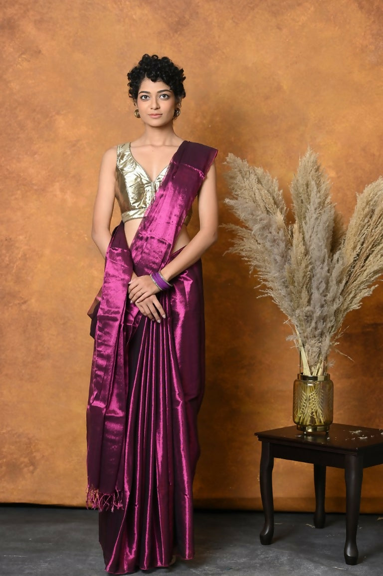 Very Much Indian Fusion Cotton Tissue Shimmer Saree - Maroon - Distacart