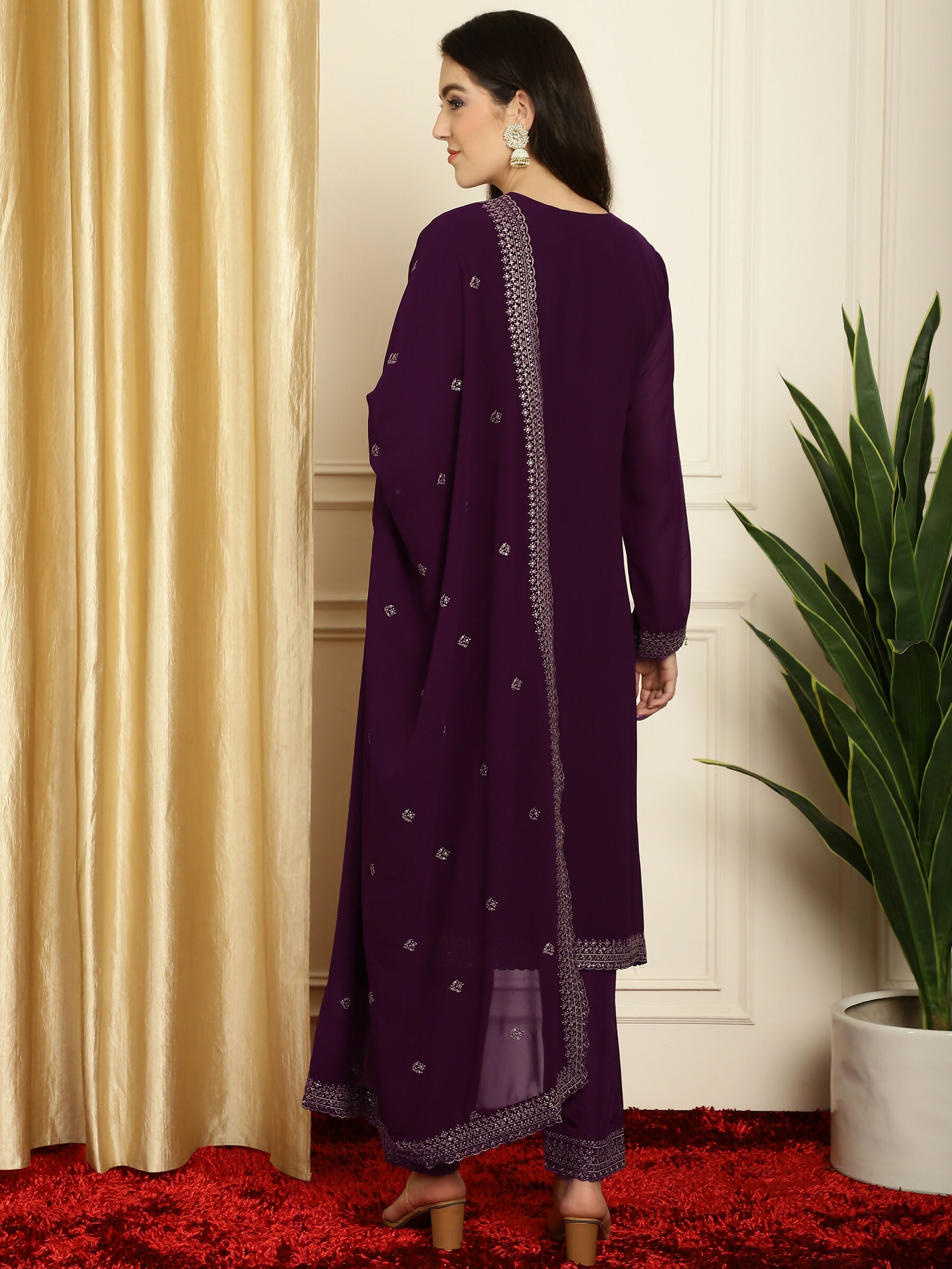 Jyoti Fashion Women's Burgundy Georgette Resham Thread & Sequin Kurta with Trouser & Dupatta - Distacart