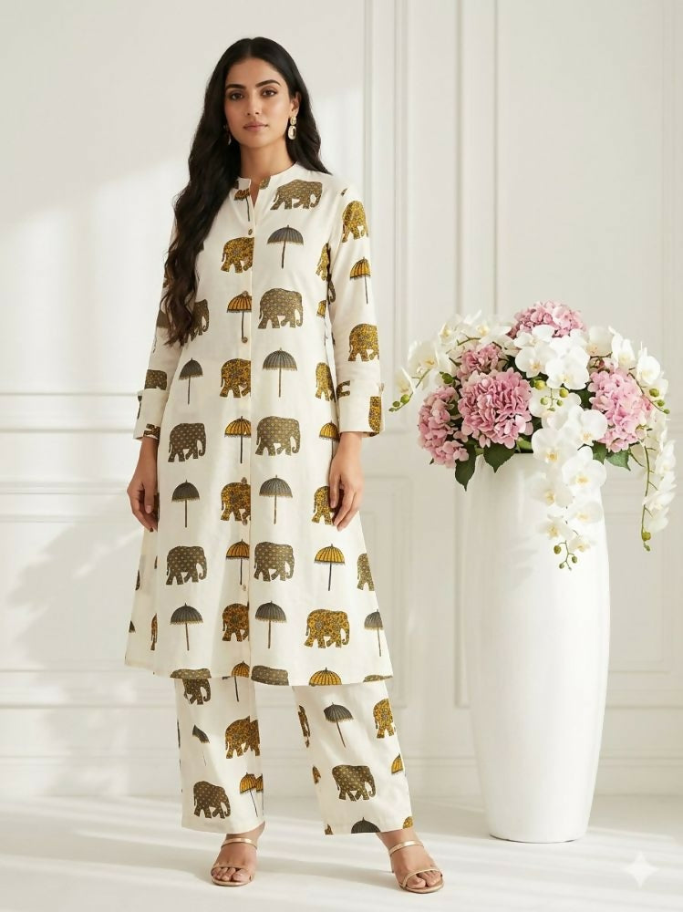 Teeya Creation Women New Trendy Off-White & Mustard Yellow Elephant Print Cotton Kurta with Palazzos - Dista