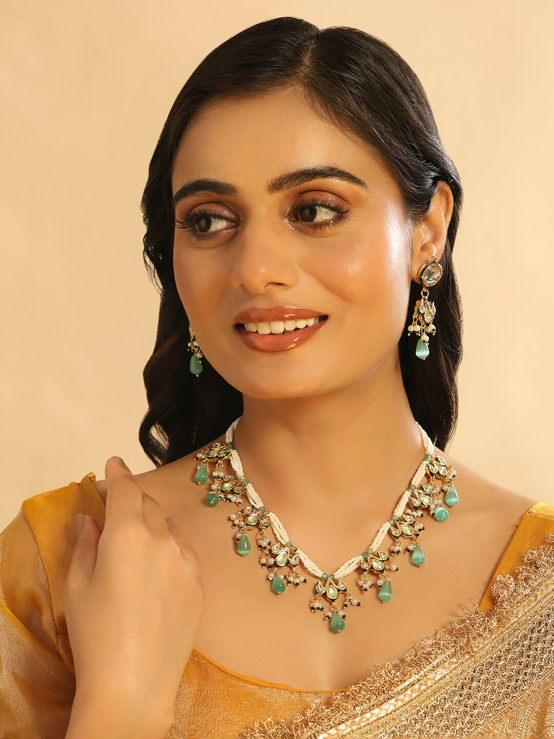 Nuyug 22K Gold Plated Pearl Empress Flora Green Stone Drops Necklace Set