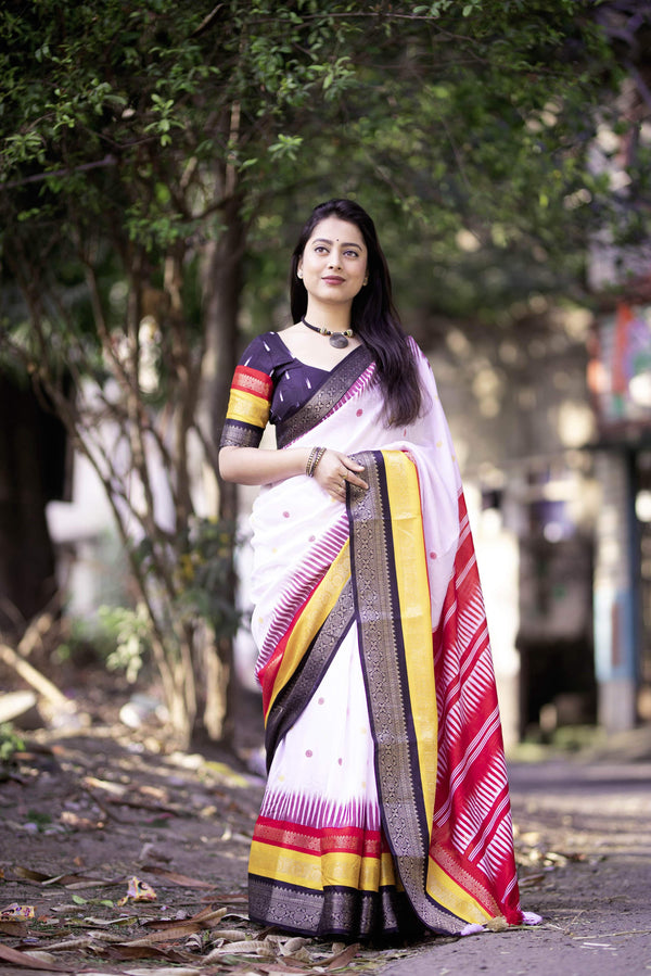 White Cotton Crepe Printed Saree with Unstitched Blouse - Hiral Fashion - Distacart