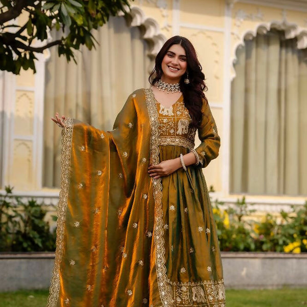 Teeya Creation Mehendi Primium Fendy Satin Silk Embroidery Work Wedding Wear Gown - Distacart