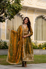Thumbnail for Teeya Creation Mehendi Primium Fendy Satin Silk Embroidery Work Wedding Wear Gown - Distacart