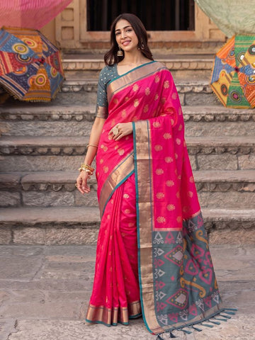 Shree Shyam Fashion Rani Pink & Grey Woven Work Soft Silk Fabric Festive Wear Saree With Blouse - Dista