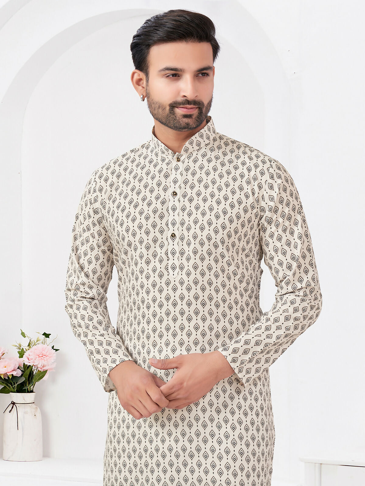 Joban Fashion Men's Rayon Cotton Cream Printed Kurta Pyjama set - Distacart