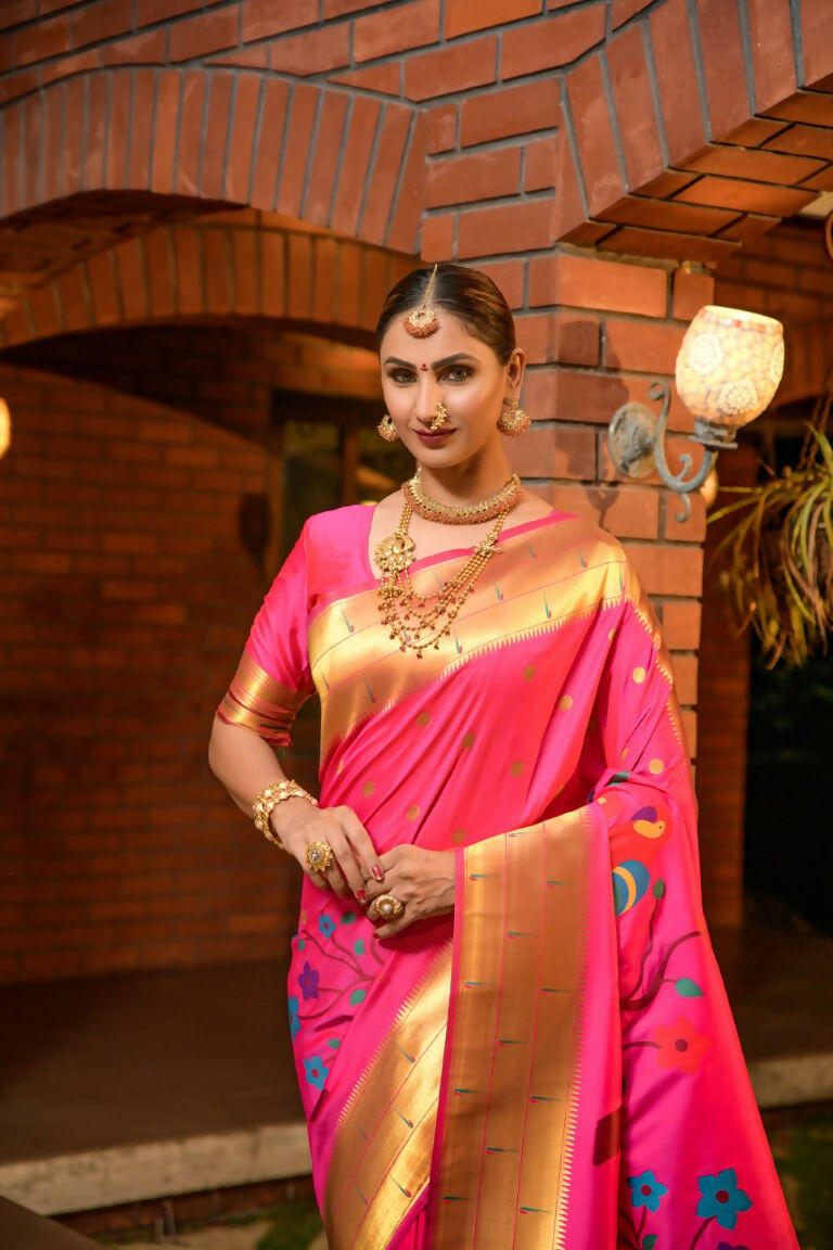 Jyoti Fashion Women's Baby Pink Paithani Silk Zari Woven Saree with Blouse - Distacart