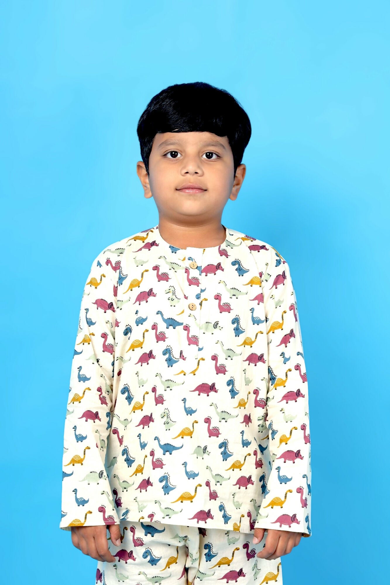 Breathables Kids Cotton Dinosaur Print Night Suit – Cream Full Sleeves Kurta & Pants Co-Ord Set | Boys & Girls Nightwear & Loungewear - Dista