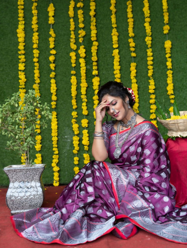 Jyoti Fashion Women's Wine Soft Handloom Silk Zari Woven Saree with Blouse - Distacart