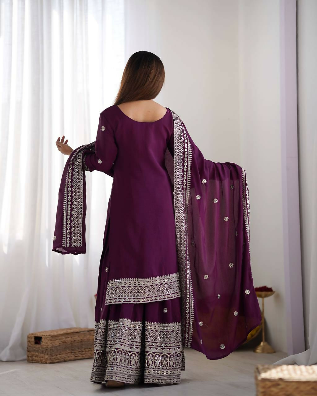 Joban Fashion Wine Kurta Set Silk Sequins , Zari, Coding & Thread Embroidered work - Distacart