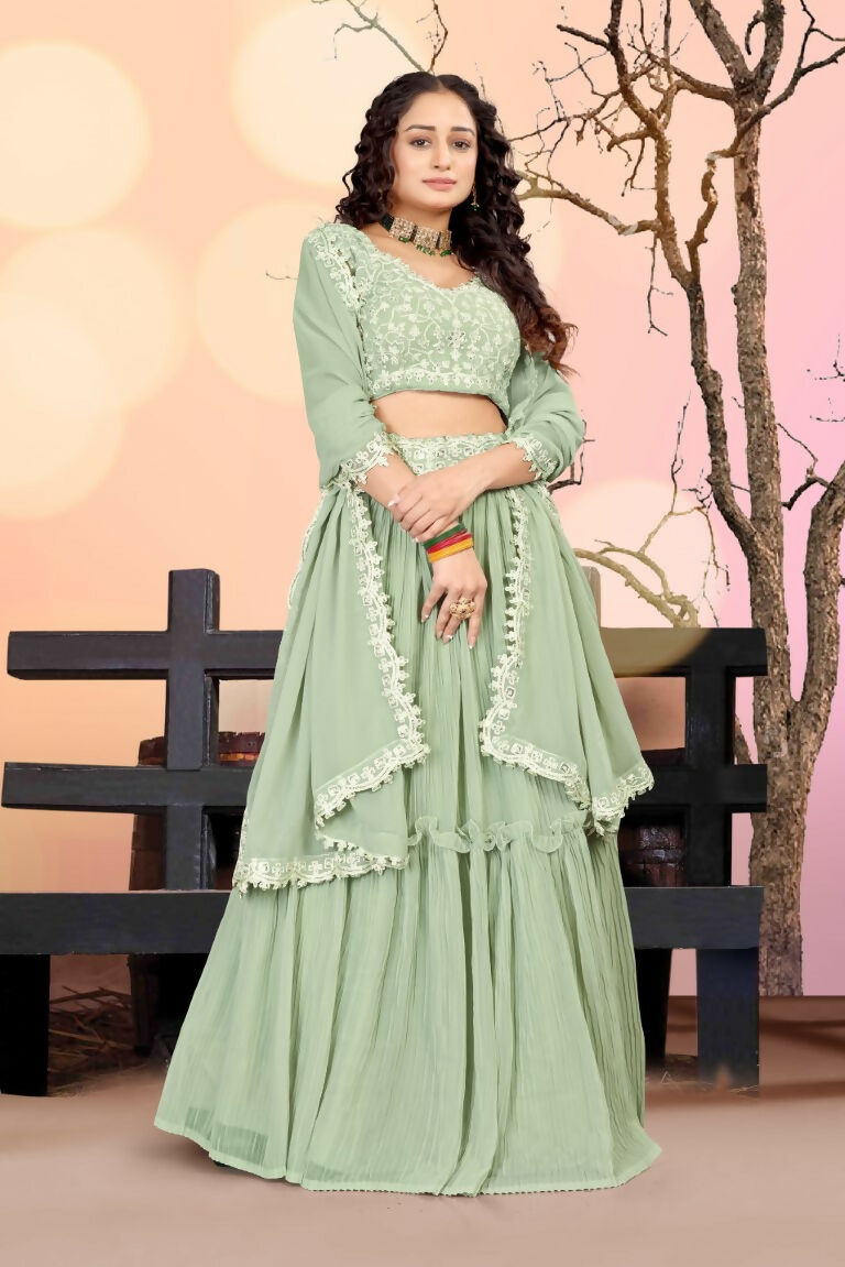 Jyoti Fashion Sea Green Two Tier Crush Georgette Lehenga Choli with Dupatta - Distacart