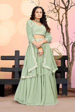 Thumbnail for Jyoti Fashion Sea Green Two Tier Crush Georgette Lehenga Choli with Dupatta - Distacart