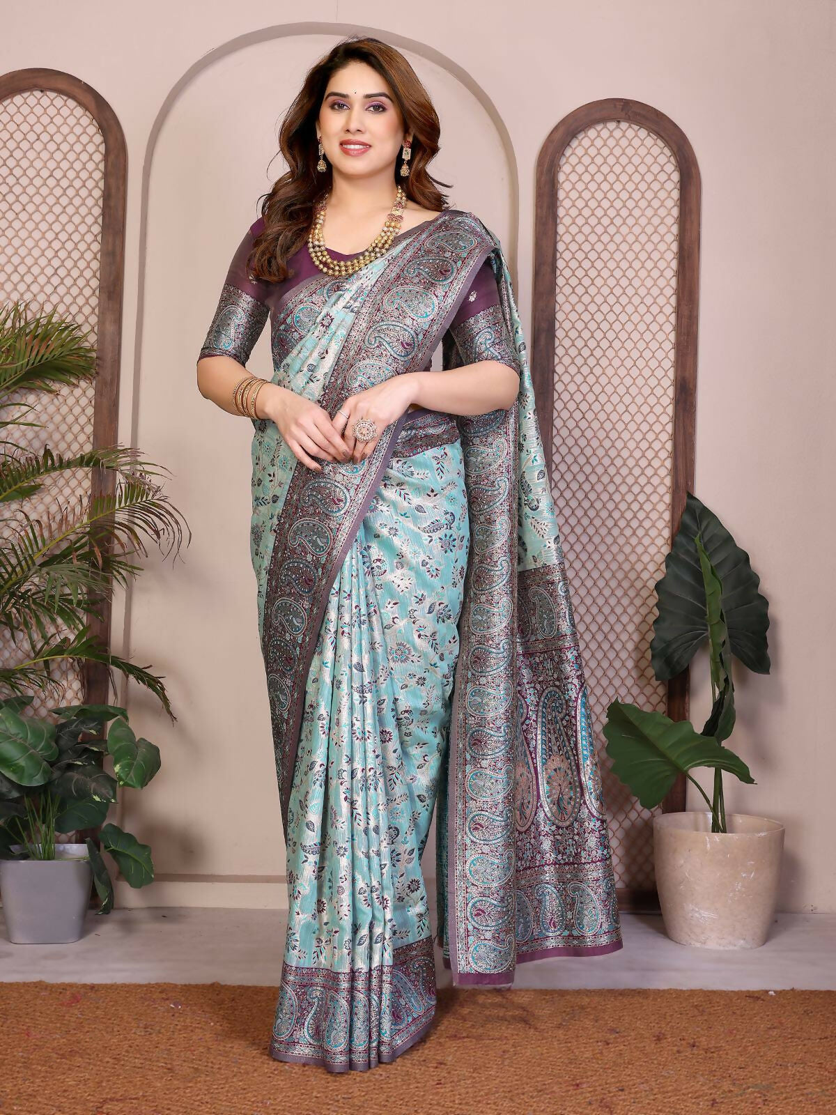 Teeya Creation New Latest Trendy Wedding Wear Pashmina Silk Saree-Blue - Dista