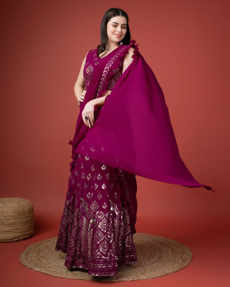 Pink Georgette Sequence Embroidered Lehenga Choli with Dupatta - Tanya - Distacart