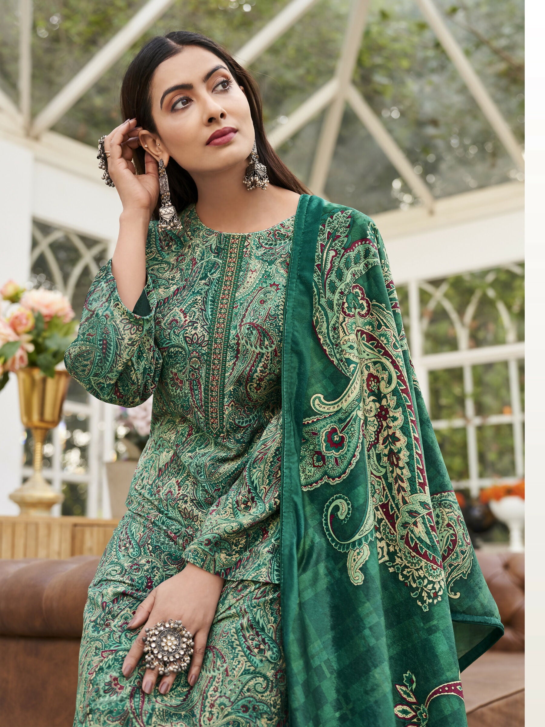 Jyoti Fashion Women's Green Velvet Digital Print with Resham Thread work Kurta with Trouser & Dupatta - Distacart