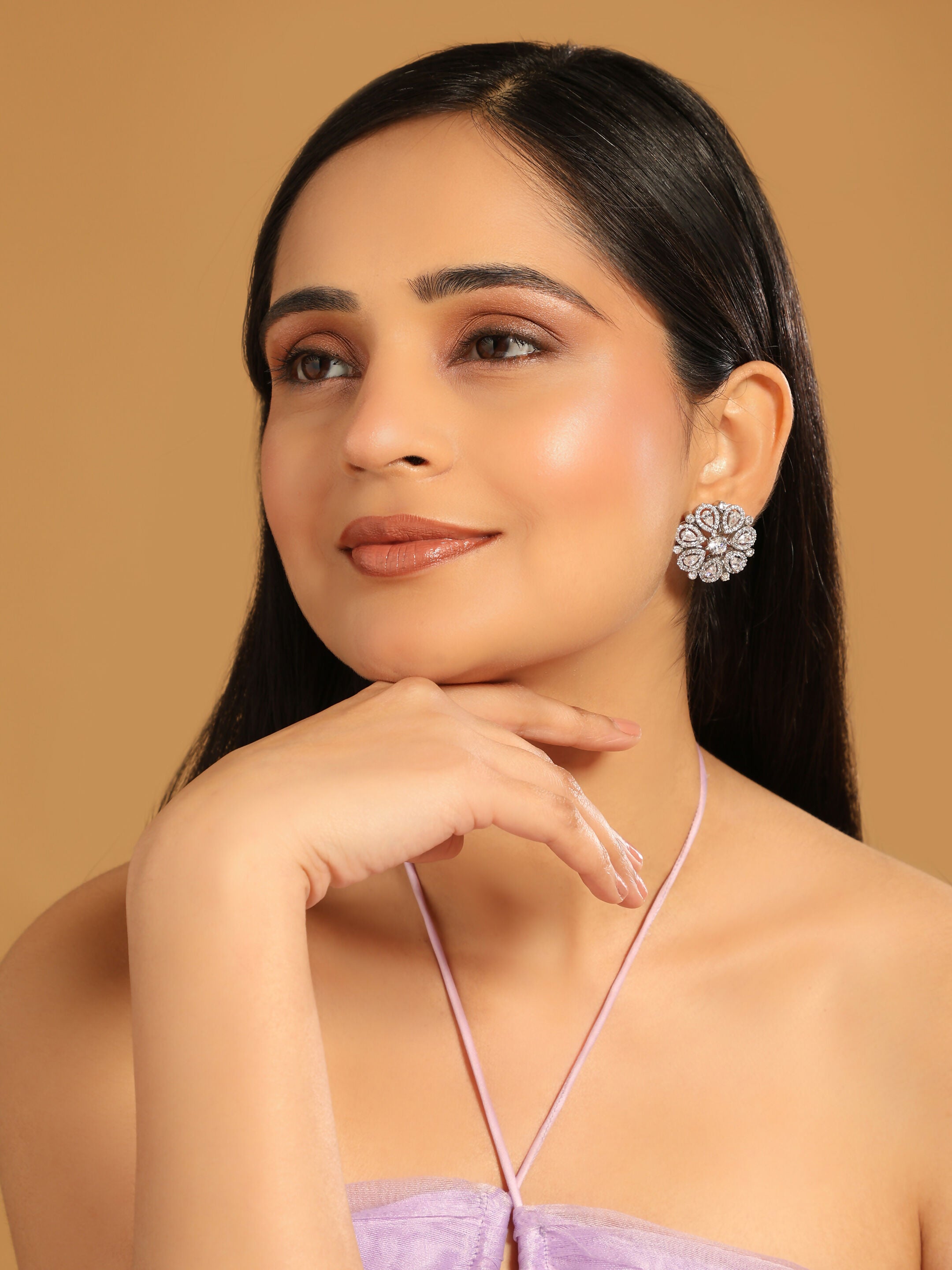 Nuyug Rhodium-Plated Zircon Studded Floral Statement Stud Earrings