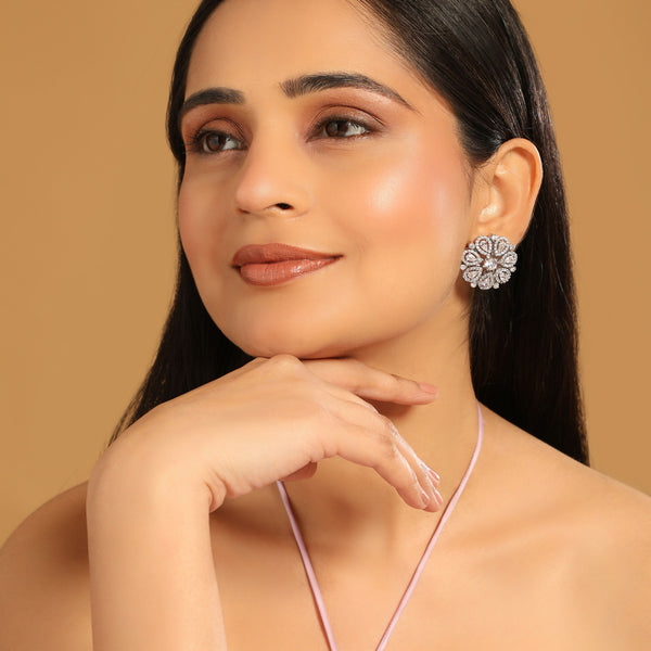 Nuyug Rhodium-Plated Zircon Studded Floral Statement Stud Earrings